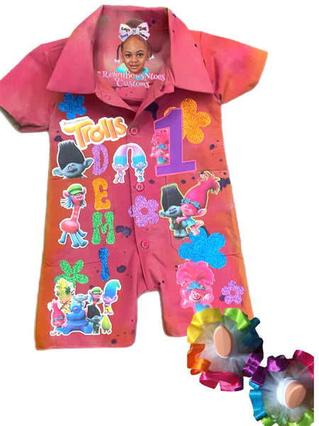 Custom Trolls Birthday Romper – Personalized Kids Outfit Dickies romper (Socks Sold Separately)