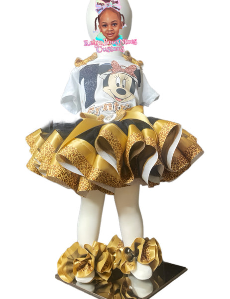 Minnie Mouse Leopard & Gold Ribbon Trim Tutu Set with Matching Socks